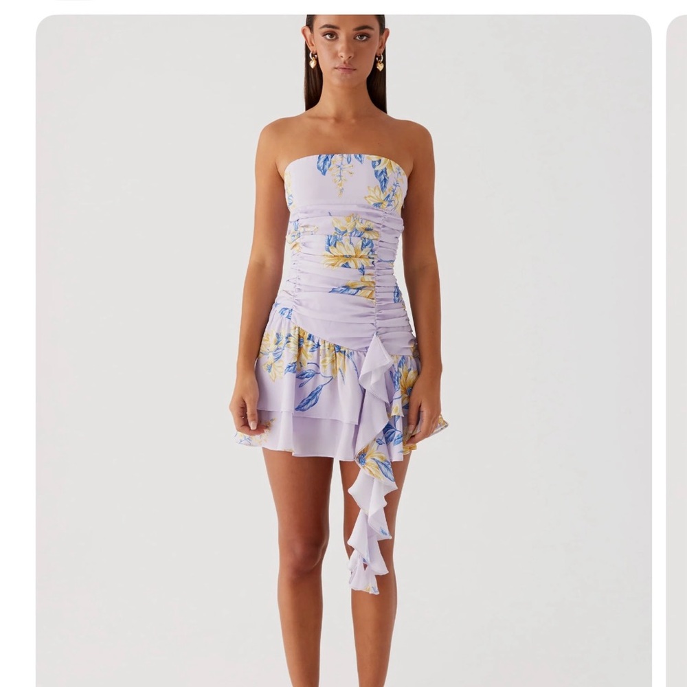Peppermayo Lavender Strapless Floral Ruffle Mini Dress